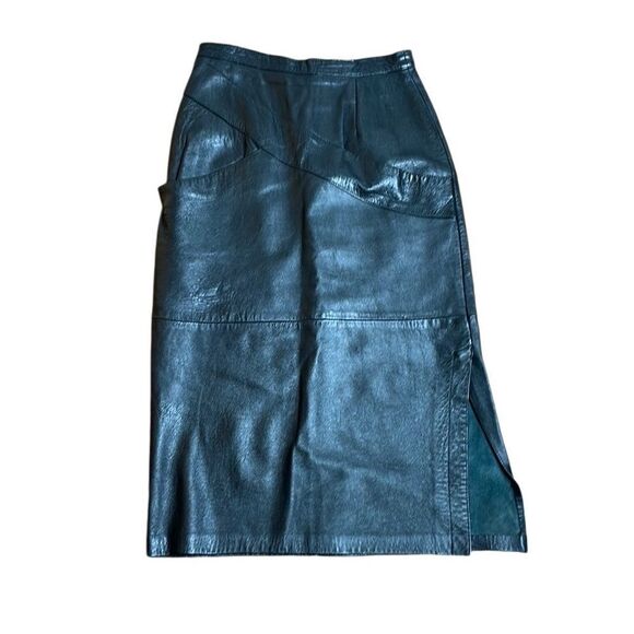 70s Vintage Leathercare Process Black Leather Midi Skirt Medium - Picture 1 of 11